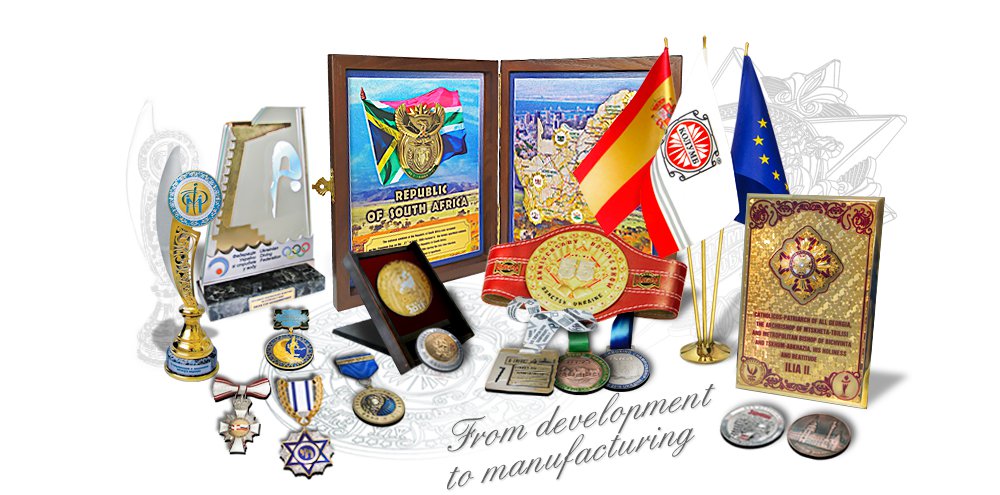 Flags, pennants, banners, flagpoles and stands of flags, as well as medals, badges and awards